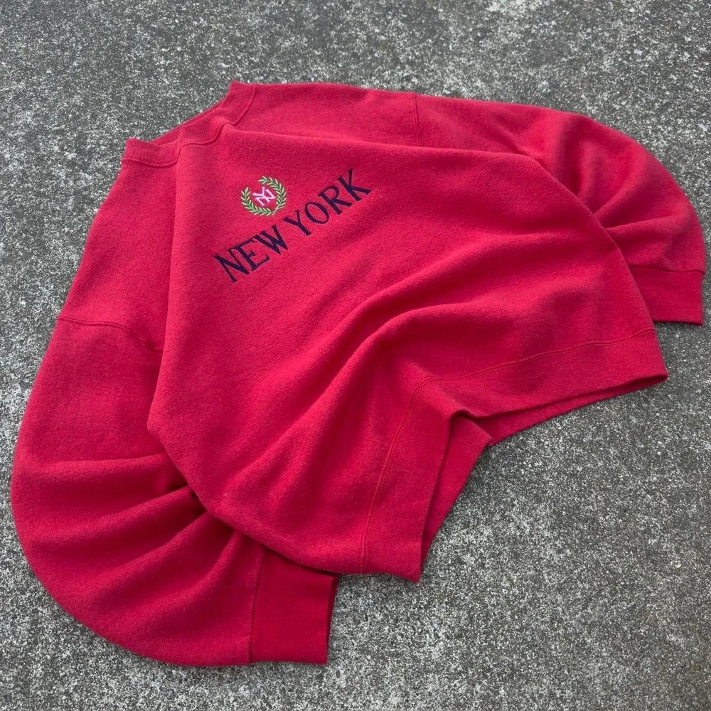 Vintage 90s Fruit Of The Loom New York Crewneck Streetwear Red Large (b2)
